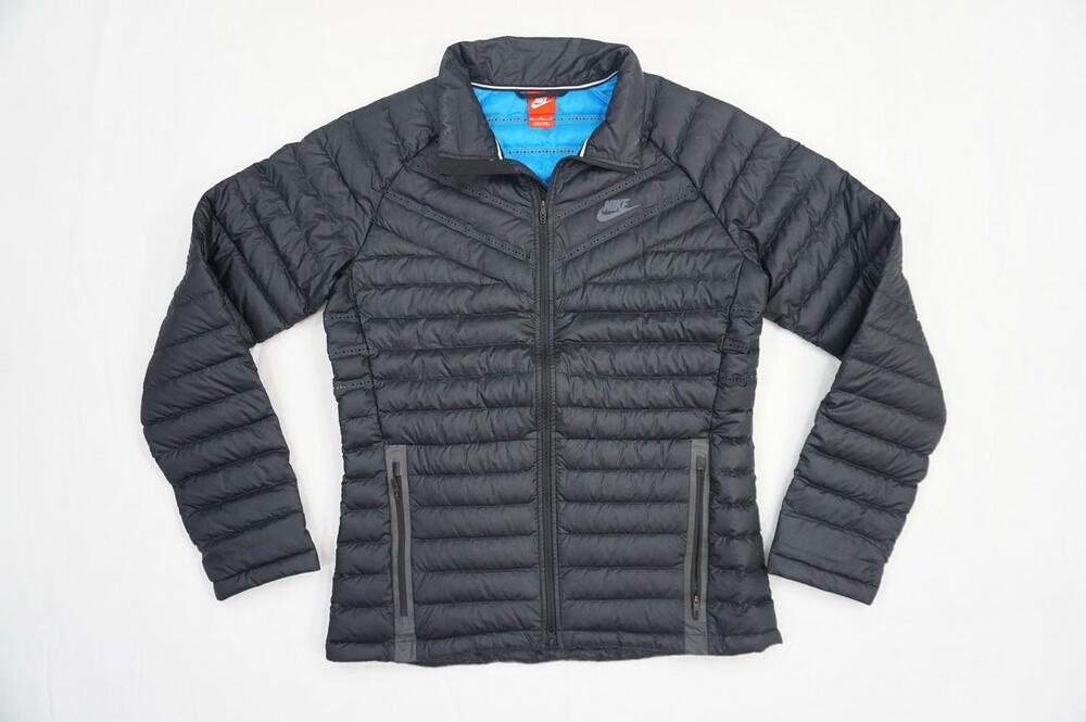 NIKE AEROLOFT USED WOMEN M BLACK/BLUE PERFORATED LIGHTWEIGHT PUFFER JACKET